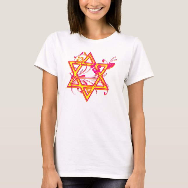 Neon Tropical Hibiscus Star of David T-Shirt (Front)