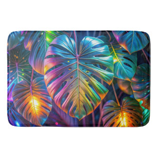 Neon Tropical Leaves Bath Mat