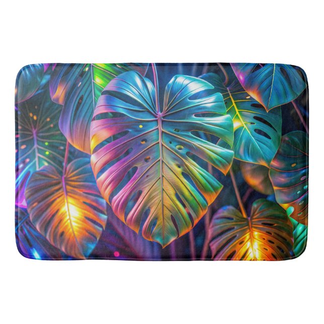 Neon Tropical Leaves Bath Mat (Front)