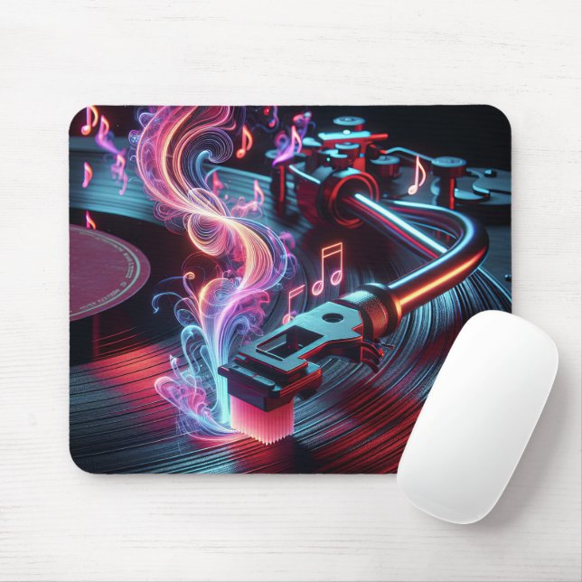 Neon Turntable With Vinyl Record Mouse Mat (With Mouse)