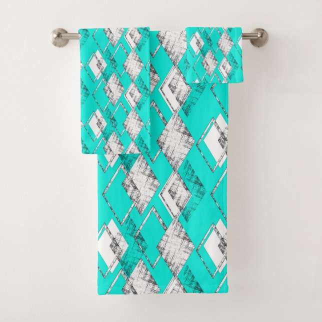 Neon turquoise geometric pattern. bath towel set (Insitu)