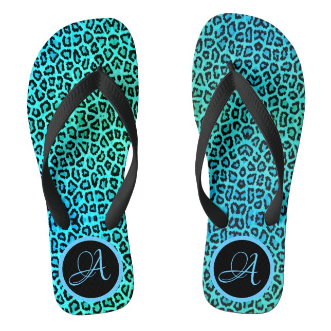 Neon Turquoise Leopard Print Monogram Flip Flops (Footbed)