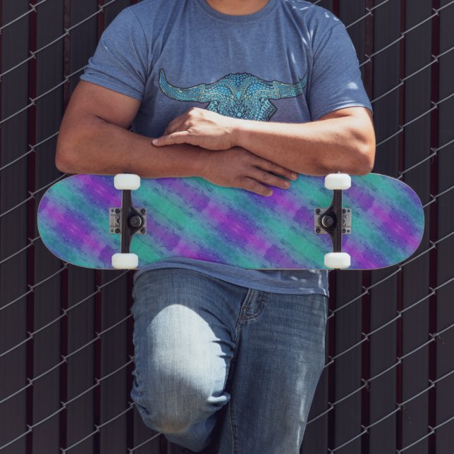 Neon Turquoise & Purple Stripes  Skateboard (Outdoor 3)