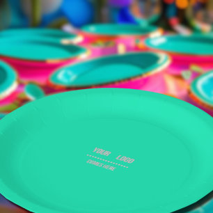 neon  Turquoise solid colour -  add logo napkins Paper Plate