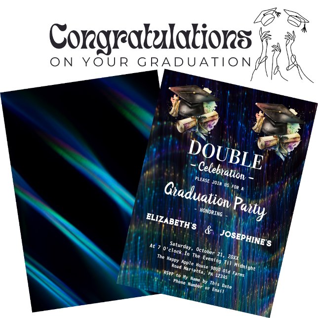 Neon Two Graduates Double Graduation Party 2025 Invitation (Creator Uploaded)