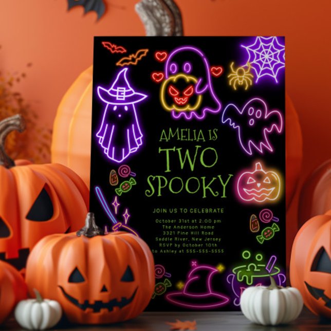 Neon Two Spooky Birthday Party Invitation (Creator Uploaded)