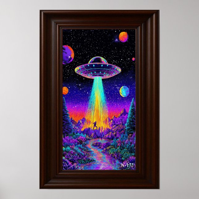 Neon UFO Abduction – Psychedelic Space Art Print (Front)