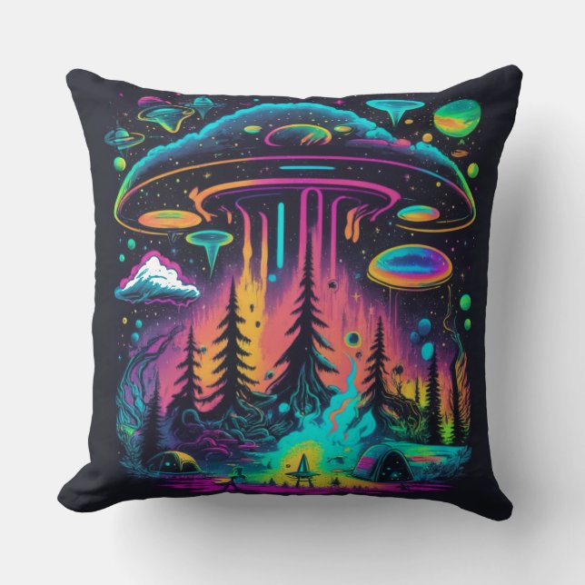 Neon UFO and Alien Scene Psychedelic Art Cushion (Front)