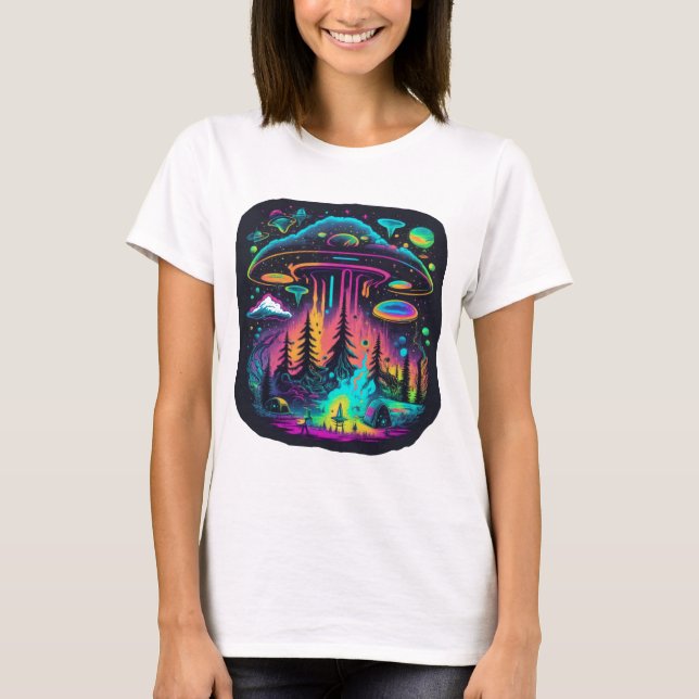 Neon UFO and Alien Scene Psychedelic Art T-Shirt (Front)