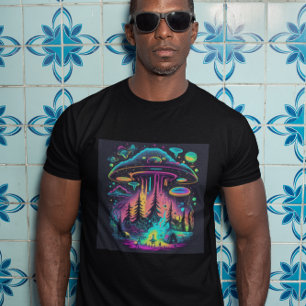 Neon UFO and Alien Scene Psychedelic Art T-Shirt