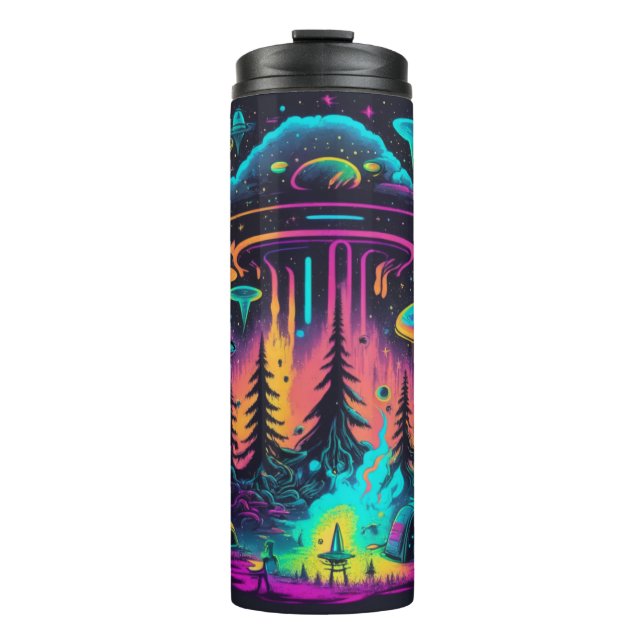 Neon UFO and Alien Scene Psychedelic Art Thermal Tumbler (Front)