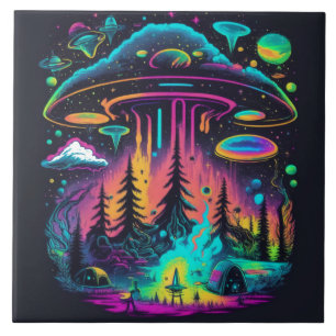 Neon UFO and Alien Scene Psychedelic Art Tile