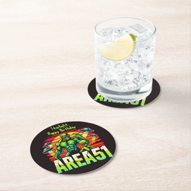 Neon UFOs Hover Over Area 51 Round Paper Coaster (Insitu)