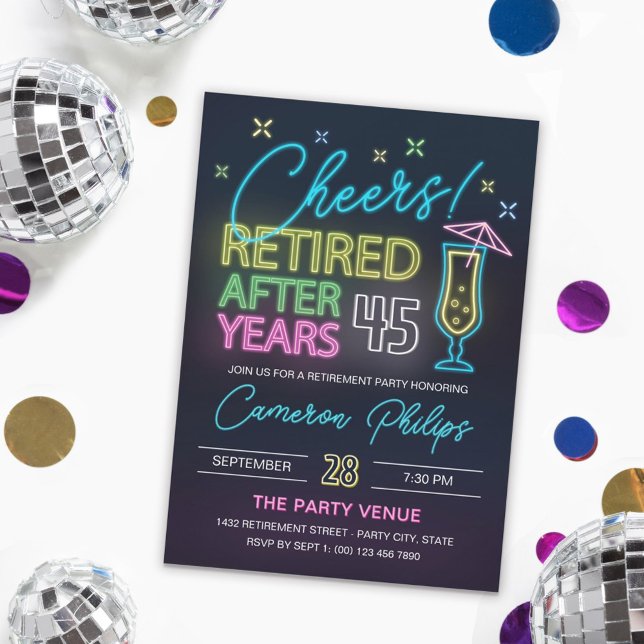 Neon Umbrella Drink Cheers Retirement Party Invitation (Creator Uploaded)