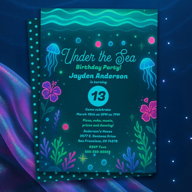 Neon Under the Sea Jellyfish Birthday Party Invitation (Neon Under the Sea Jellyfish Birthday Party Invitation)