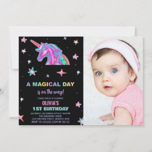 Neon Unicorn Birthday Invitations with photo