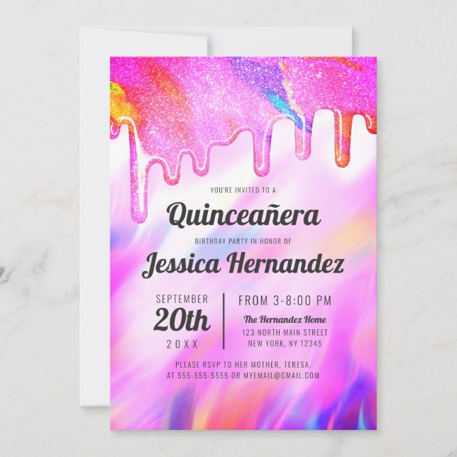 Neon Unicorn Holographic Glitter Drip Quinceañera Invitation (Front)