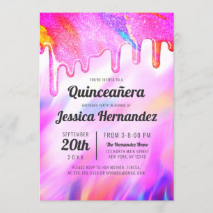 Neon Unicorn Holographic Glitter Drip Quinceañera Invitation