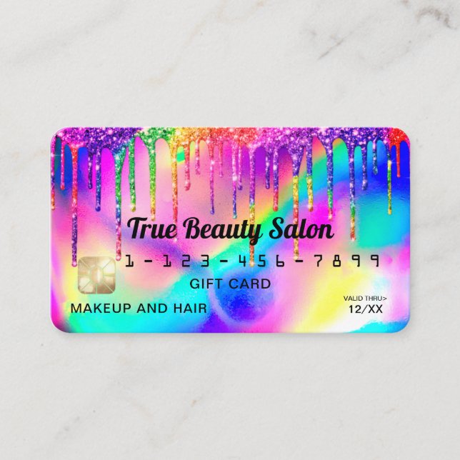Neon Unicorn Holographic Glitter Drips Credit Gift Business Card (Front)