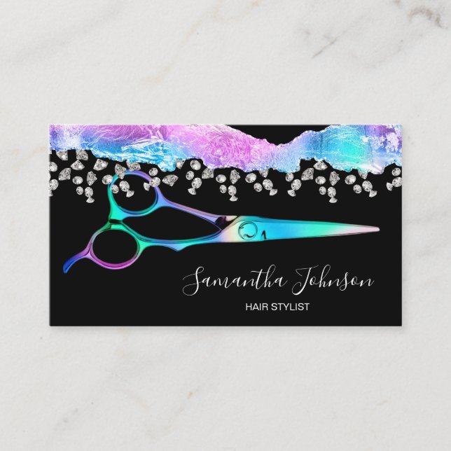 Neon Unicorn Holographic hairstylist hairdresser B Business Card (Front)