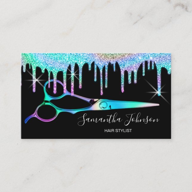 Neon Unicorn Holographic hairstylist hairdresser B Business Card (Front)