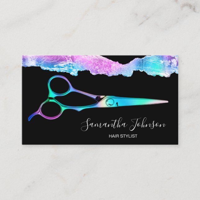 Neon Unicorn Holographic hairstylist hairdresser B Business Card (Front)