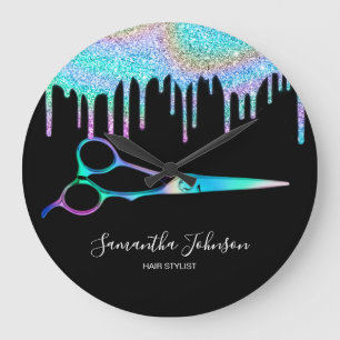 Neon Unicorn Holographic hairstylist hairdresser B Large Clock