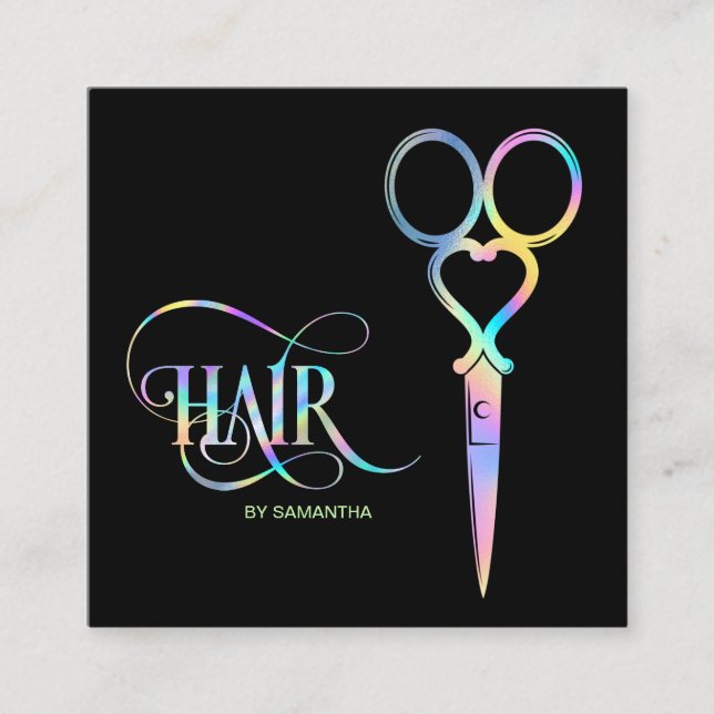 Neon Unicorn Holographic hairstylist hairdresser Square Business Card (Front)