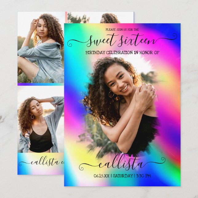 Neon Unicorn Holographic Photo Collage Sweet 16 Invitation (Front/Back)