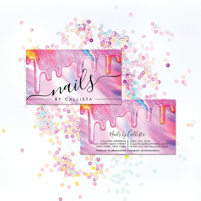 Neon Unicorn Holographic Thick Glitter Drips Nails Business Card (Creator Uploaded)