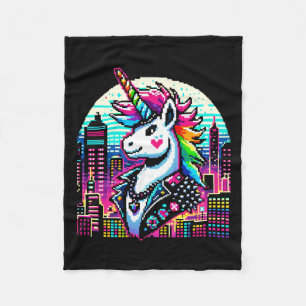 Neon Urban Unicorn - Pixel Art Cityscape Fleece Blanket