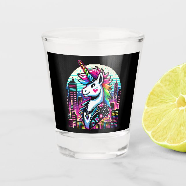 Neon Urban Unicorn - Pixel Art Cityscape Shot Glass (Front)