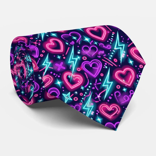 Neon Valentine Hearts Seamless Pattern Modern Love Tie (Rolled)