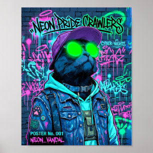 Neon Vandal Cyberpunk Cat Graffiti Poster
