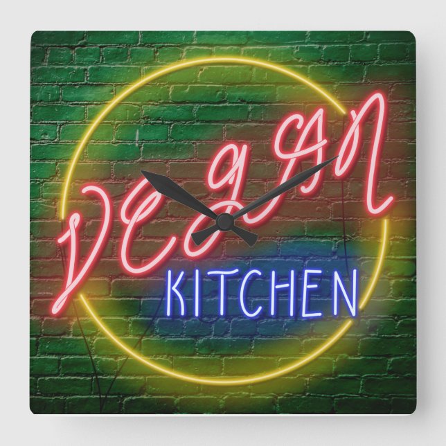Neon Vegan Kitchen Sign Square Wall Clock (Front)