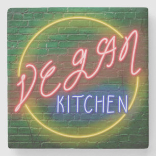 Neon Vegan Kitchen Sign Stone Coaster