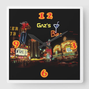 Neon Vegas Home Bar Personalised Square Wall Clock