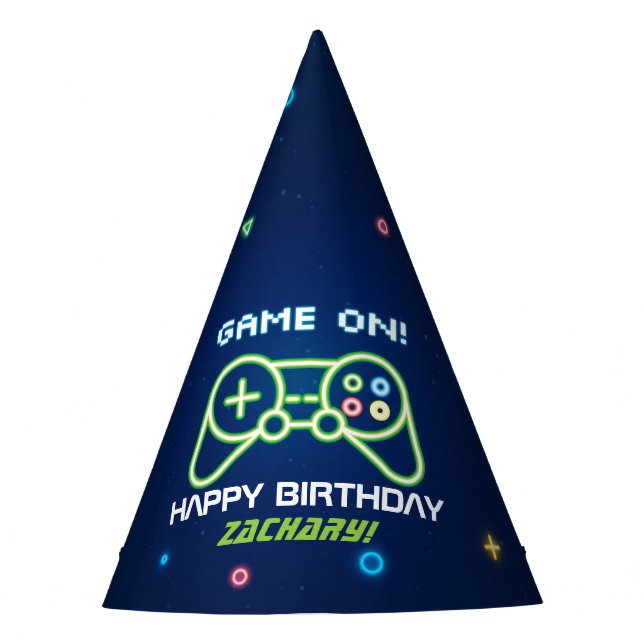 Neon Video Game Arcade Birthday Party Hat (Front)