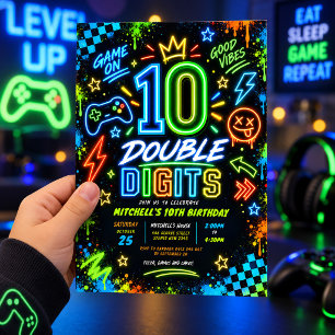 Neon Video Game Double Digits Boy 10th Birthday Invitation