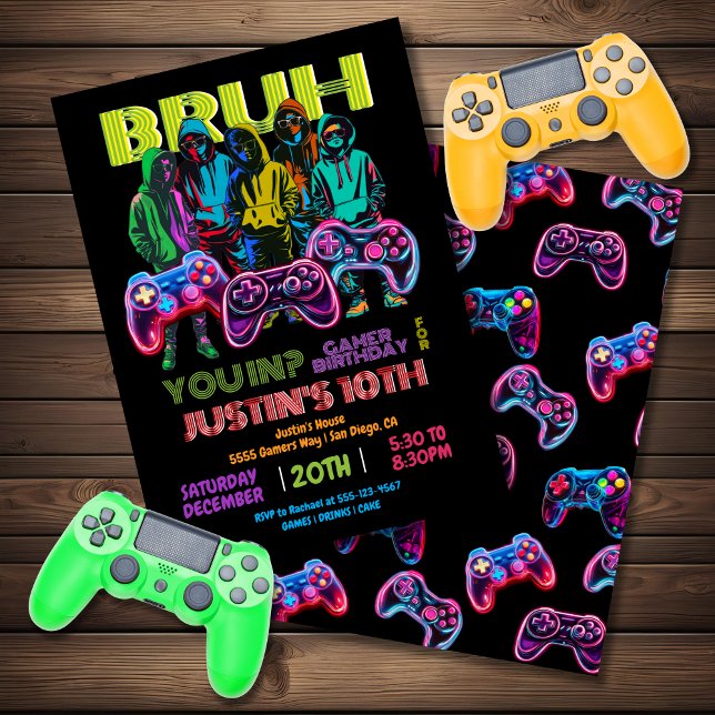 Neon Video Gamer Birthday Party Bruh you in Invitation (Creator Uploaded)