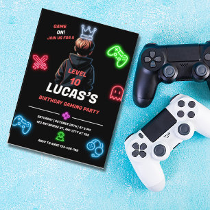 Neon Video Gaming Birthday Party Level Up Invitation