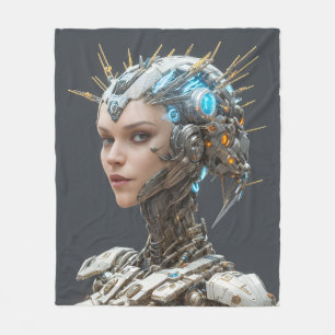 Neon Visionary: A Cybernetic Female Fleece Blanket
