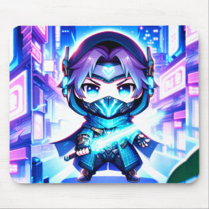 Neon Warrior – Chibi Cyber Ninja Mousepad 
