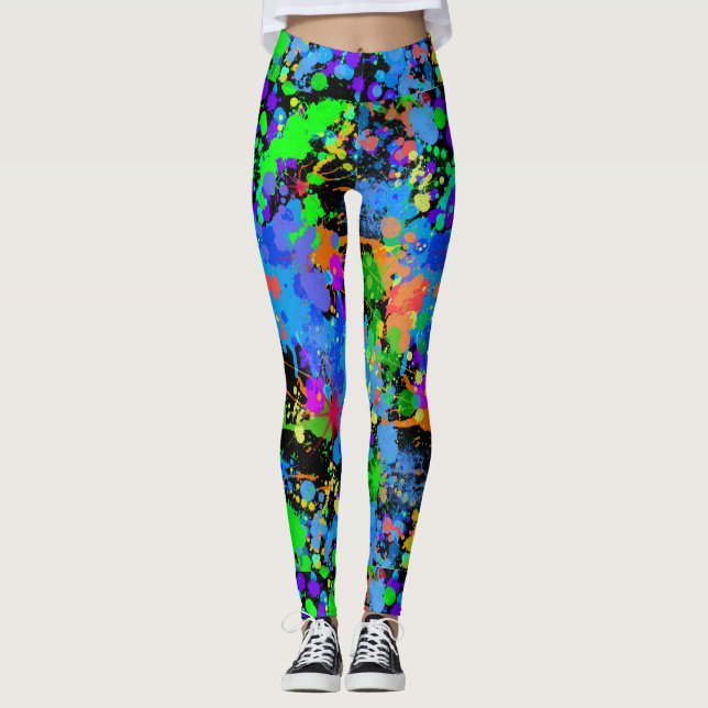 Neon Watercolor, Abstract, Paint Splatter, Leggings (Front)