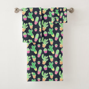 Neon Watercolor Cacti in Pots Pattern Bath Towel Set