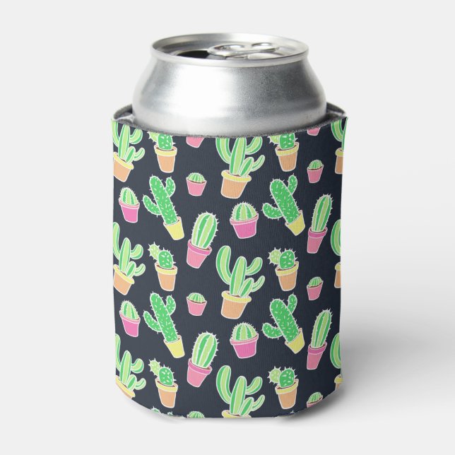 Neon Watercolor Cacti in Pots Pattern Can Cooler (Can Front)