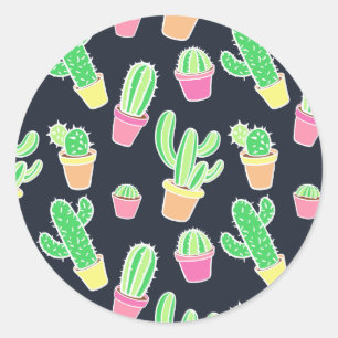 Neon Watercolor Cacti in Pots Pattern Classic Round Sticker