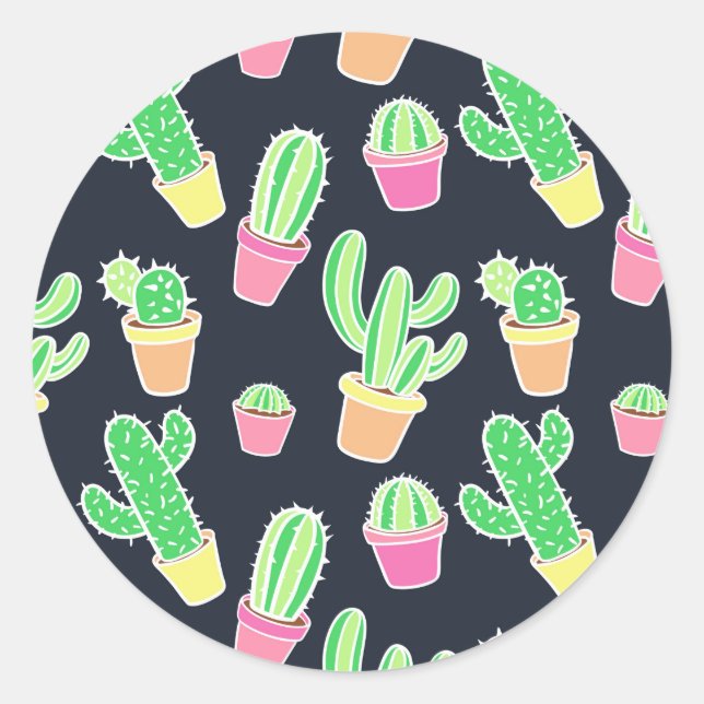 Neon Watercolor Cacti in Pots Pattern Classic Round Sticker (Front)