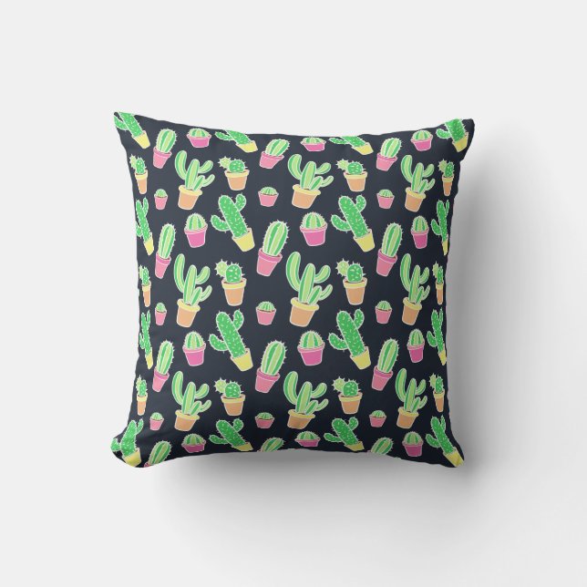 Neon Watercolor Cacti in Pots Pattern Cushion (Front)