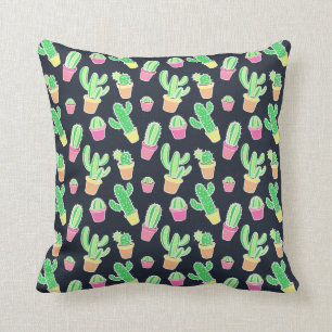 Neon Watercolor Cacti in Pots Pattern Cushion